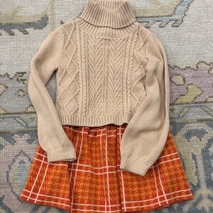 Beige Cable Knit Sweater gold sparkle and Orange Plaid heavy knit Skirt Set